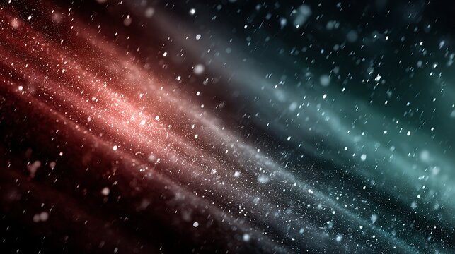 Abstract glowing bokeh particles and light rays in red and teal split background. dark sky. festiv