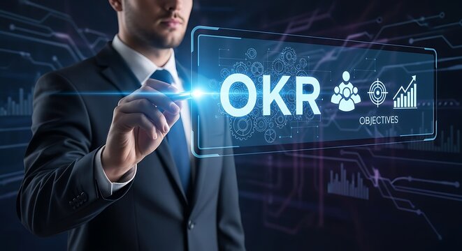 Businessman pointing at okr objectives and key results on a futuristic digital screen with icons