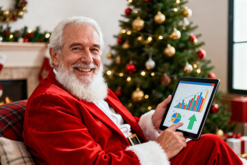 Happy Santa Claus analyzing business market data on tablet for successful christmas planning and online holiday shopping