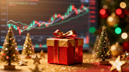 Optimistic business christmas gift concept with stock market chart showing financial growth during festive holiday