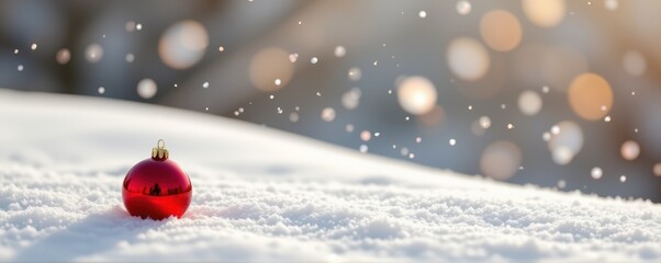 Fototapeta premium A minimalist composition featuring a single red ornament resting on pure white snow