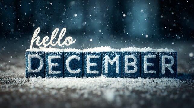 Hello December text on snow covered blue blocks with falling snowflakes and bokeh background. fest