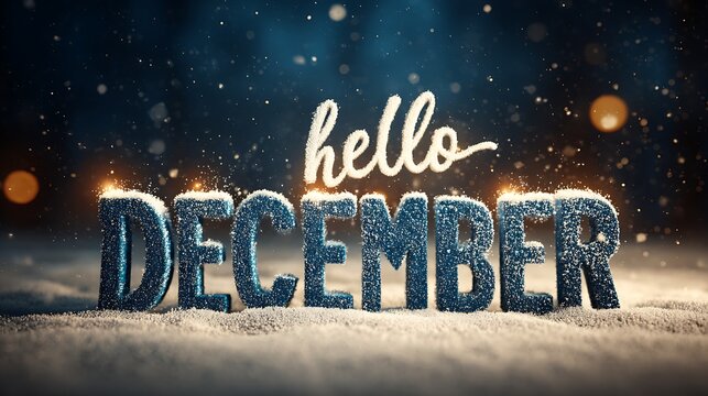Festive Hello December Text with Snowflakes and Bokeh Lights. Winter Season Greeting 3D Render