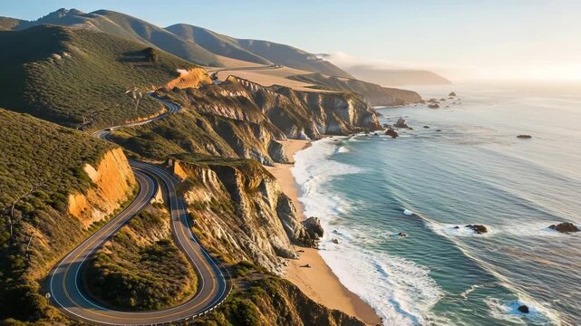 Scenic winding coastal highway overlooking ocean cliffs and beaches at sunset road