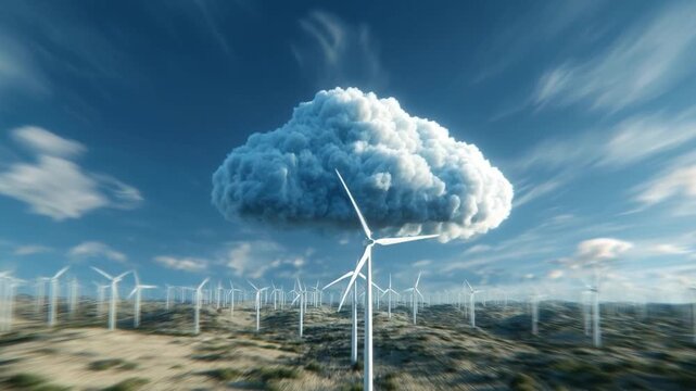 Renewable energy powers data centers with wind turbines cloudy sky and dramatic cloud vast landscape creating sustainable technology growth and clean - Powered by Adobe
