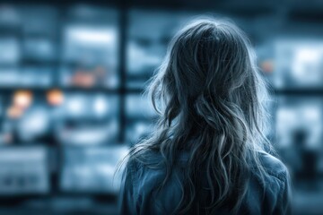A pensive woman with long wavy hair stands before a wall of screens, her back turned to the camera, lost in thought as she gazes at the monitors displaying various imagery.