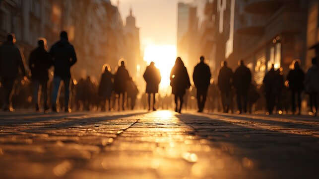 Warm golden sunset light over a busy city street with a blurred crowd glowing bokeh and urban silhouettes golden hour backlit people walking evening atmosphere travel lifestyle background
