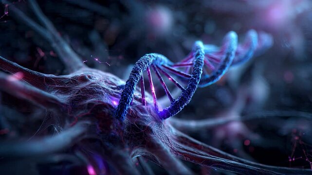 Intricate DNA double helix structure with glowing neural network connections in microscopic biological detail