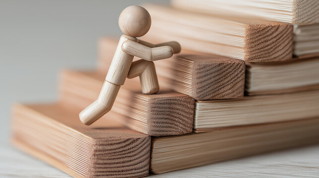 Wooden figure climbing staircase made of books, symbolizing learning, personal growth, and continuous progress toward career success through education and determination.