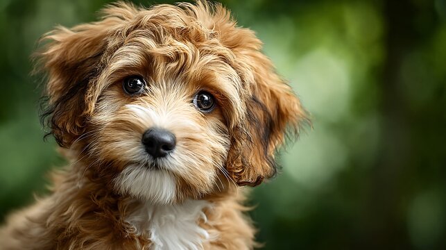Adorable brown Cockapoo puppy with soulful eyes. soft fur. and a lush green bokeh background