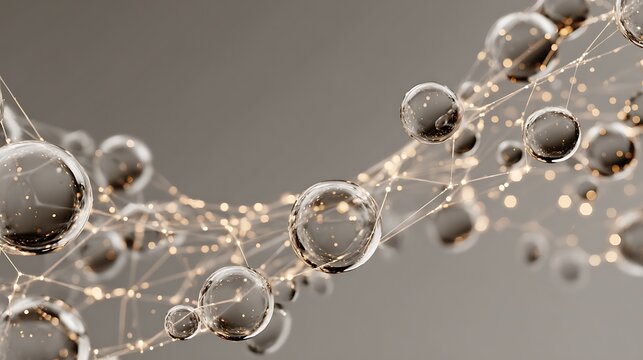 Abstract interconnected spheres and golden glowing lights network. 3D render