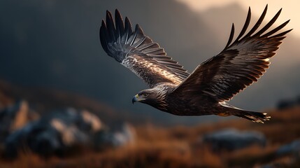 Obraz premium Majestic golden eagle in flight. soaring with outstretched wings over a rocky. natural landscape a