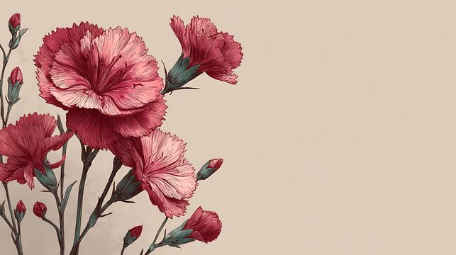 Artistic Red Carnation Flowers and Buds Border with Textured Petals on Soft Cream Background