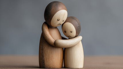 Wooden figure comforting another sad wooden doll, symbolizing empathy, friendship, and emotional support in mental health awareness and compassion concept.