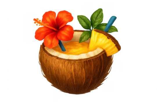 Tropical coconut cocktail drink with hibiscus pineapple transparent background - Powered by Adobe