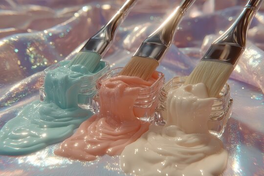 Three paintbrushes dipped in jars of colorful pastel paint, creating a whimsical and artistic scene, with iridescent fabric adding a touch of fantasy and dreamlike aesthetic.