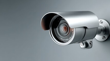 Modern metallic security camera with visible lens and IR LEDs mounted on a wall. 3D render