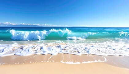 Turquoise Ocean Wave Breaks Onto Sandy Beach Under Bright Blue Sky and Distant Mountains