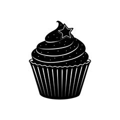 Stylized black silhouette cupcake vector icon with star on top.