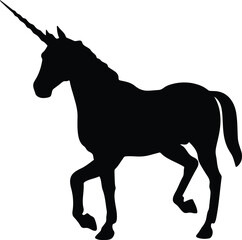 Fototapeta premium Silhouette of a majestic unicorn with a spiraling horn walking gracefully on a white background