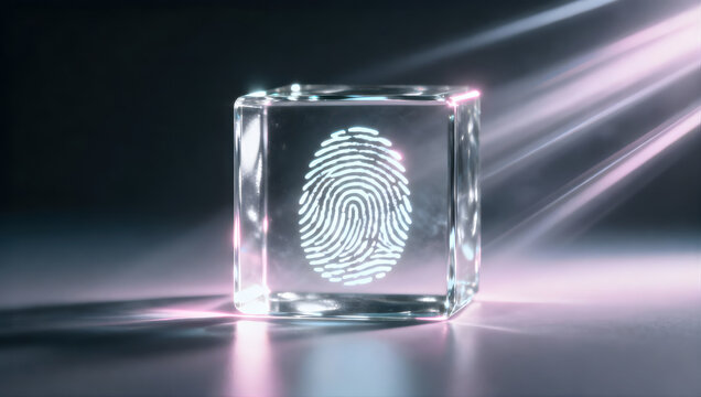 Crystal cube displays glowing fingerprint design illuminated by soft light beams, symbolizing security and identity verification. passkey enhances