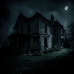 An old haunted house is depicted under the moonlight in a dark night scene.