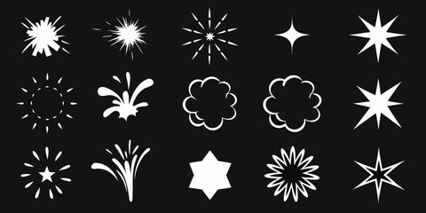 Collection of white starbursts explosions sparks and comic book style speech bubbles on black background