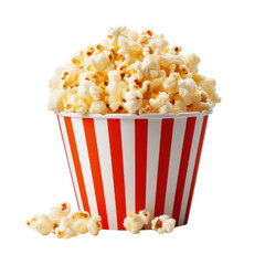 Crispy yellow popcorn in a red and white striped bucket for a cinema movie snack, Isolated On White Background, Png Transparent