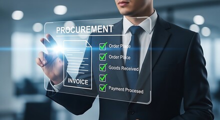 Businessman interacting with a transparent digital interface displaying a procurement checklist and progress tracking