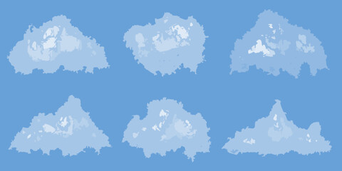 Six abstract stylized clouds in varying shades of blue and white against a solid blue sky background