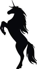 Majestic black silhouette of a rearing unicorn against a white background