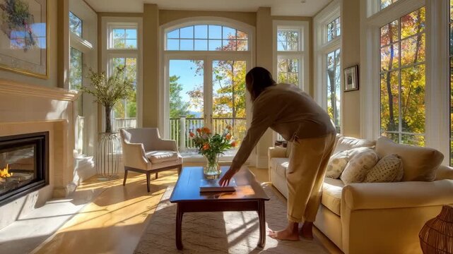 Seasonal daylight variation captured in a bright living room where automated window tinting adapts to changing sun angles for UV protection.