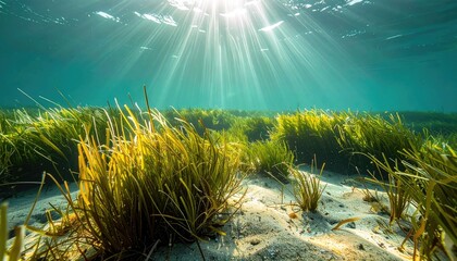 Underwater Scene With Sunbeams Shining Through Ocean Water Onto Seagrass And Sandy Seabed
