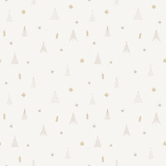 Winter Christmas seamless pattern with Christmas trees, gifts, stars on a light background. Graphic element of a pattern for design, fabric, wrapping paper