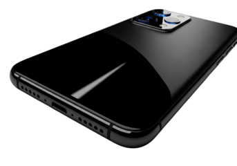 A sleek black smartphone, obsidian glass screen, velvet matte back, magnified camera lens, dramatic chiaroscuro lighting on transparent background, concept of high-end technology