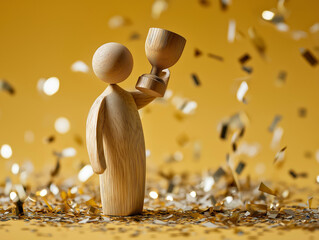 Wooden figure holding shining trophy with confetti around, celebrating victory, recognition, and success after hard work and perseverance.