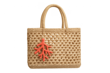 Woven jute beach tote bag with coral decoration