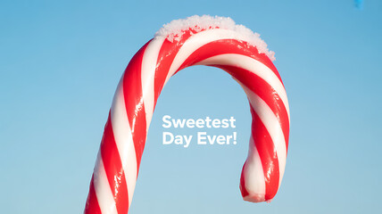 A close-up of a red and white striped candy cane with snow on top against a clear blue sky, featuring the text 'Sweetest Day Ever!'