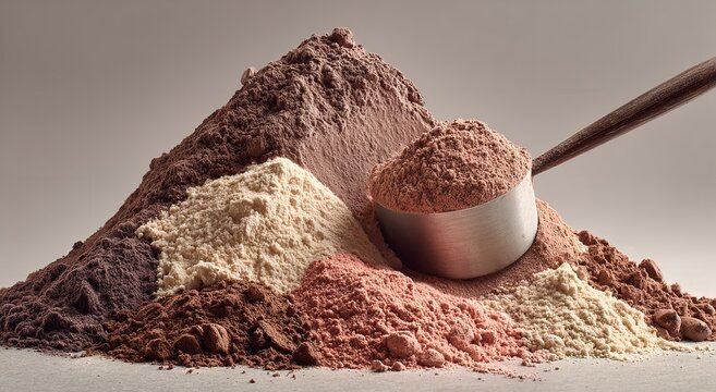 Scoop of delicious protein powder blends with rich chocolate, vanilla, and berry flavors, perfect for health and fitness enthusiasts