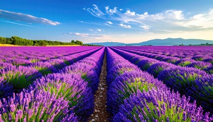 Vast field of blooming purple lavender flowers under a bright blue sky with fluffy white clouds and distant green trees at sunrise warm sunlight casting a serene glow over the idyllic landscape