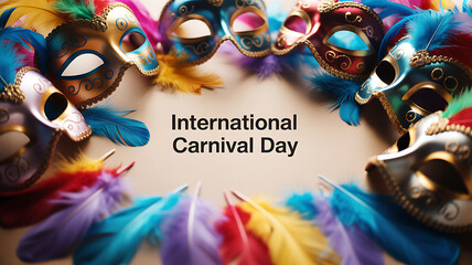 Colorful carnival masks with feathers arranged in a circle celebrating International Carnival Day