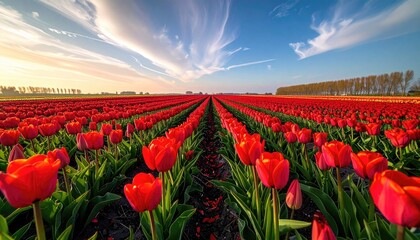 Vast Field of Red Tulips Under a Dramatic Sky at Sunrise