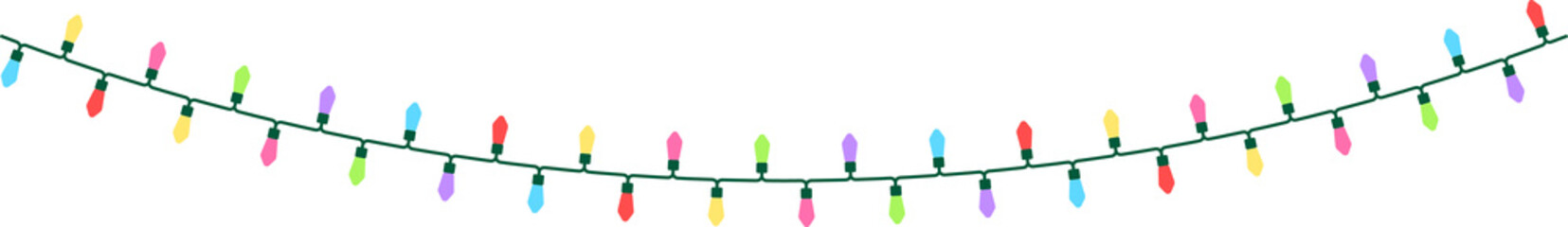 6色の電球でカラフルなクリスマスライト（String lights）の背景透過イラスト。点灯していない・ゆるいカーブバージョン。電線の細かい形状を再現している。