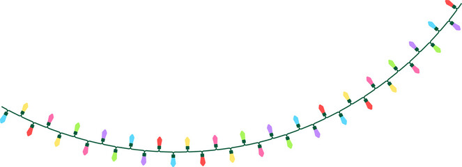 6色の電球でカラフルなクリスマスライト（String lights）の背景透過イラスト。点灯していない・深いカーブバージョン。電線の細かい形状を再現している。