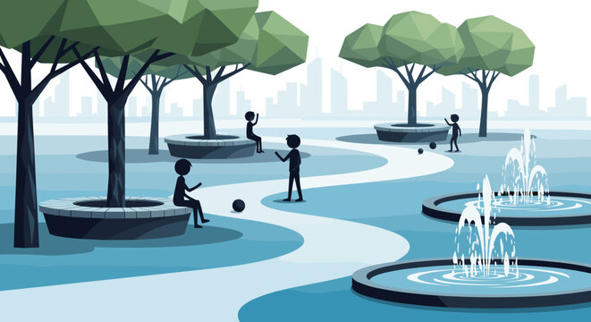 People enjoying a sunny day in a modern city park with fountains and trees.