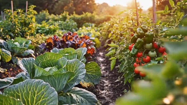 Vibrant garden scene showcasing tomatoes, peppers, and cabbages under the warm sunlight creating