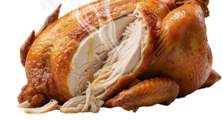 A perfectly roasted whole chicken, golden-brown, glistening. Torn crispy skin reveals steaming juicy white meat and pan juices on transparent, shallow depth of field. Concept of culinary excellence