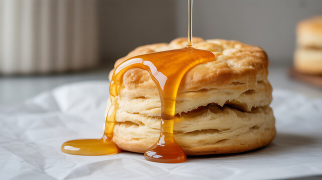 Honey drizzling over a stack of golden-brown biscuits on parchment paper - Powered by Adobe
