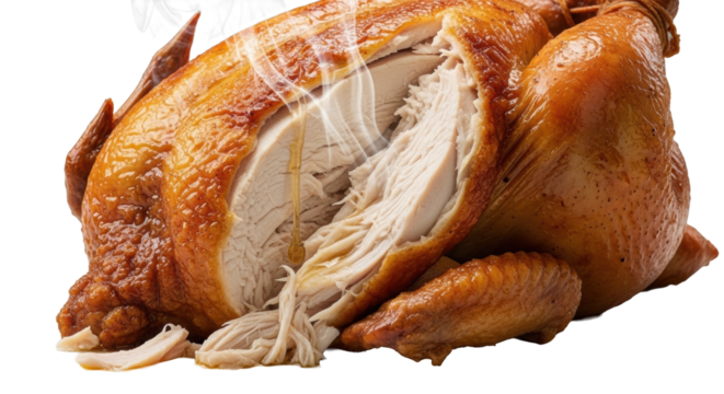 A perfectly roasted whole chicken, golden-brown, glistening. Torn crispy skin reveals steaming juicy white meat and pan juices on transparent, shallow depth of field. Concept of culinary excellence