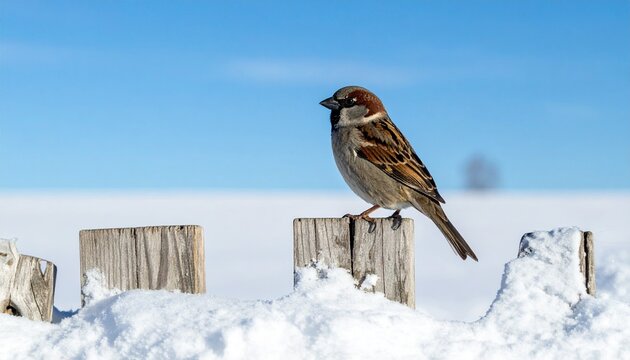 白く広がる雪原の中、一本の木製フェンスに一羽のスズメが静かにとまる。澄んだ青空が広がり、冬の冷たい空気と静寂が伝わる。